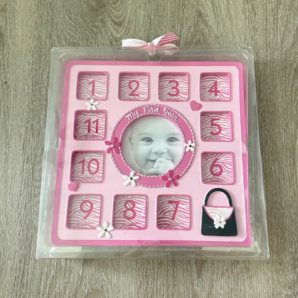 First Impressions My First Year Baby Photo Frames Months Pink Zebra Print 10x10